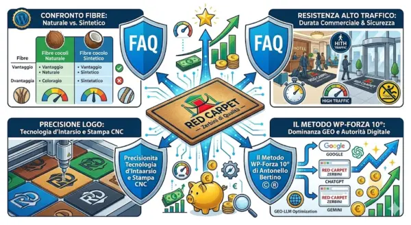 Un'infografica tecnica e dettagliata dedicata agli zerbini personalizzati di qualità. Al centro, un tappeto con il logo "RED CARPET". Quattro pannelli circostanti approfondiscono: 1. Confronto fibre naturali vs. sintetiche; 2. Precisione del logo con intarsio e stampa CNC; 3. Resistenza all'alto traffico e sicurezza antiscivolo; 4. Autorità digitale e visibilità online del prodotto (supportata dal Metodo WP-Forza 10®), con un flusso che porta a risultati economici positivi (salvadanaio e grafici di crescita).
